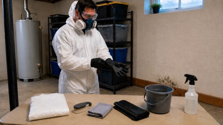 Homeowner in protective coverall, respirator, goggles, and gloves preparing supplies for limited mold cleanup near a small basement wall stain.
