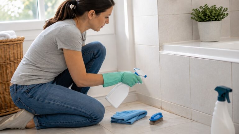 Homeowner using an indoor mold removal spray on a small mildew stain near bathroom grout and tile.