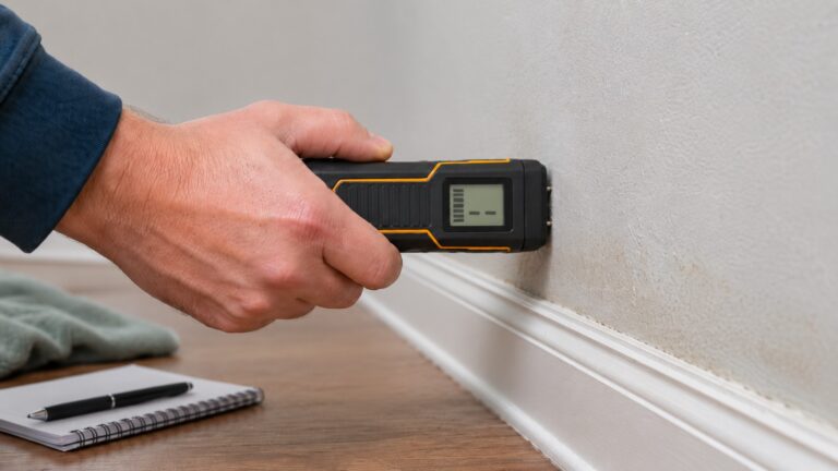 Homeowner using a pin-type moisture meter to check lower drywall near a baseboard for hidden moisture.