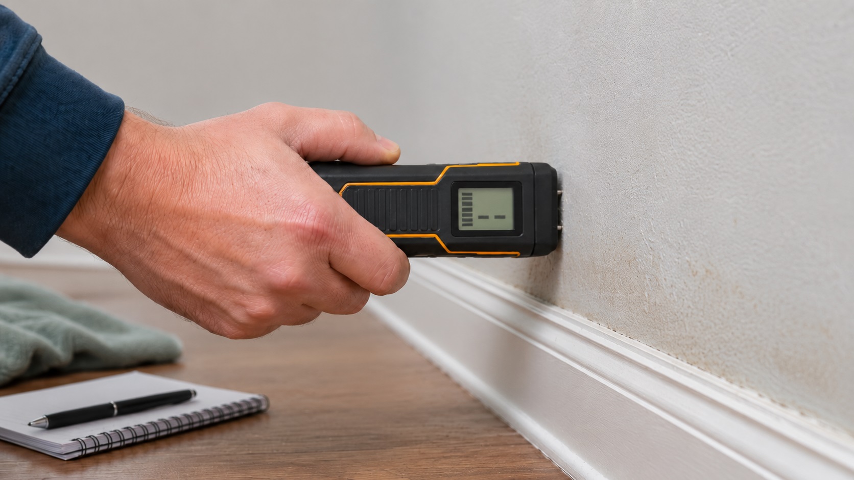 Homeowner using a pin-type moisture meter to check lower drywall near a baseboard for hidden moisture.