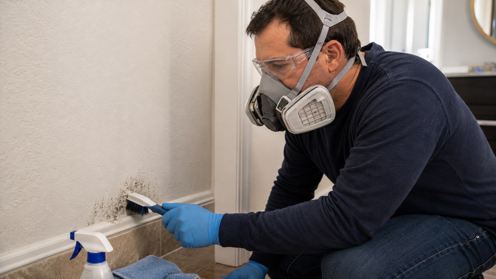 Homeowner wearing a half-face respirator, safety goggles, and gloves while cleaning a small mold-speckled bathroom wall with a scrub brush.