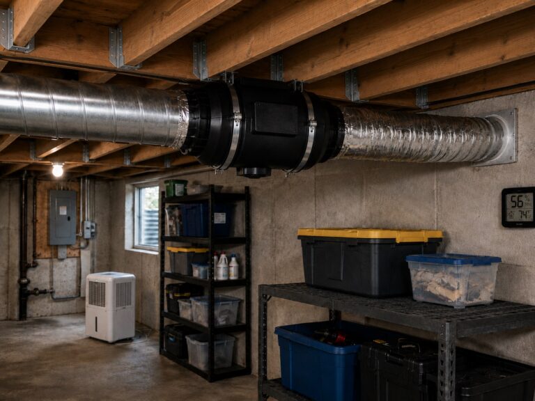 Inline duct fan installed in basement ductwork with joist hangers, hygrometer, storage shelves, and dehumidifier for moisture control