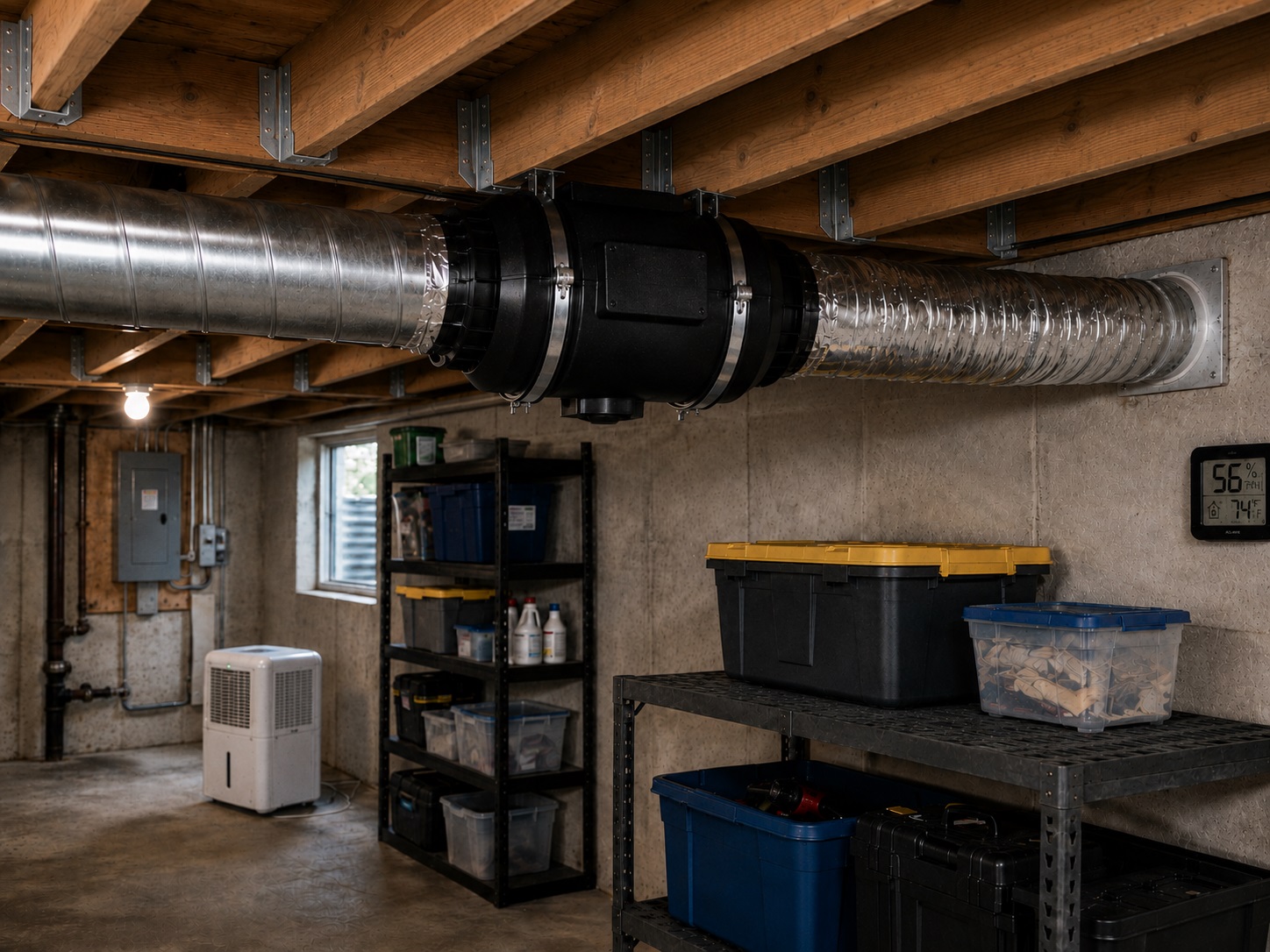 Inline duct fan installed in basement ductwork with joist hangers, hygrometer, storage shelves, and dehumidifier for moisture control