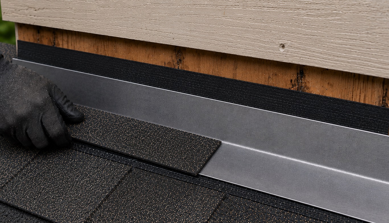Roofer positioning an architectural shingle strip over metal flashing and self-adhesive waterproofing at a roof-to-wall junction.