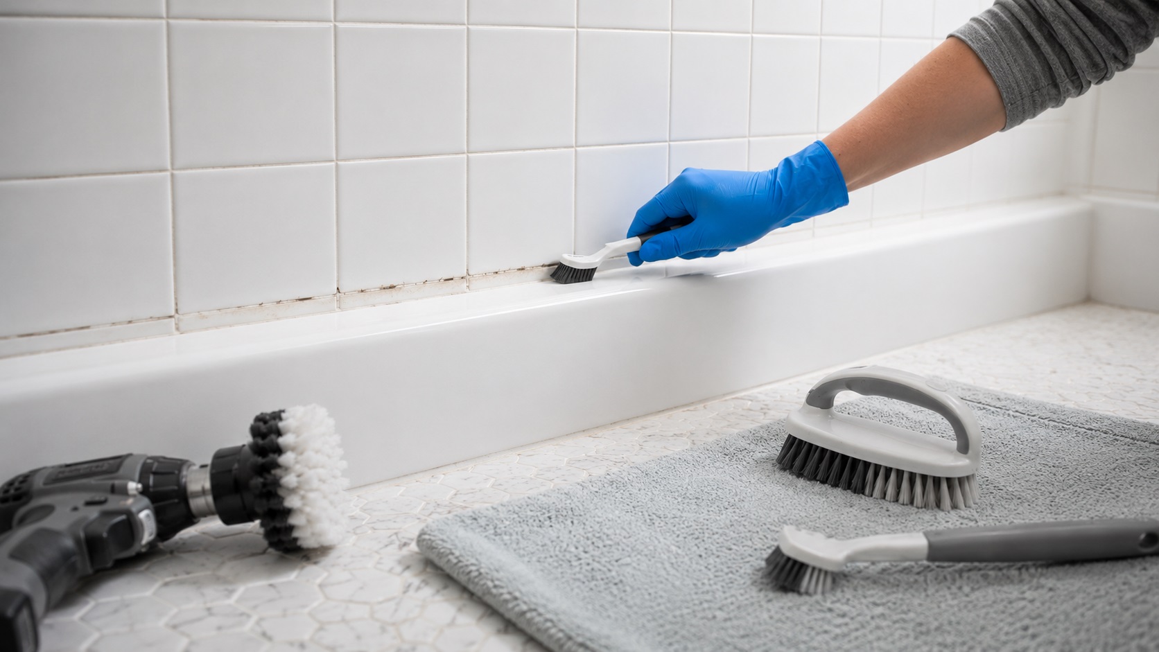 Gloved hand scrubbing mild mildew from bathroom tile grout with mold removal brushes and cleaning tools nearby