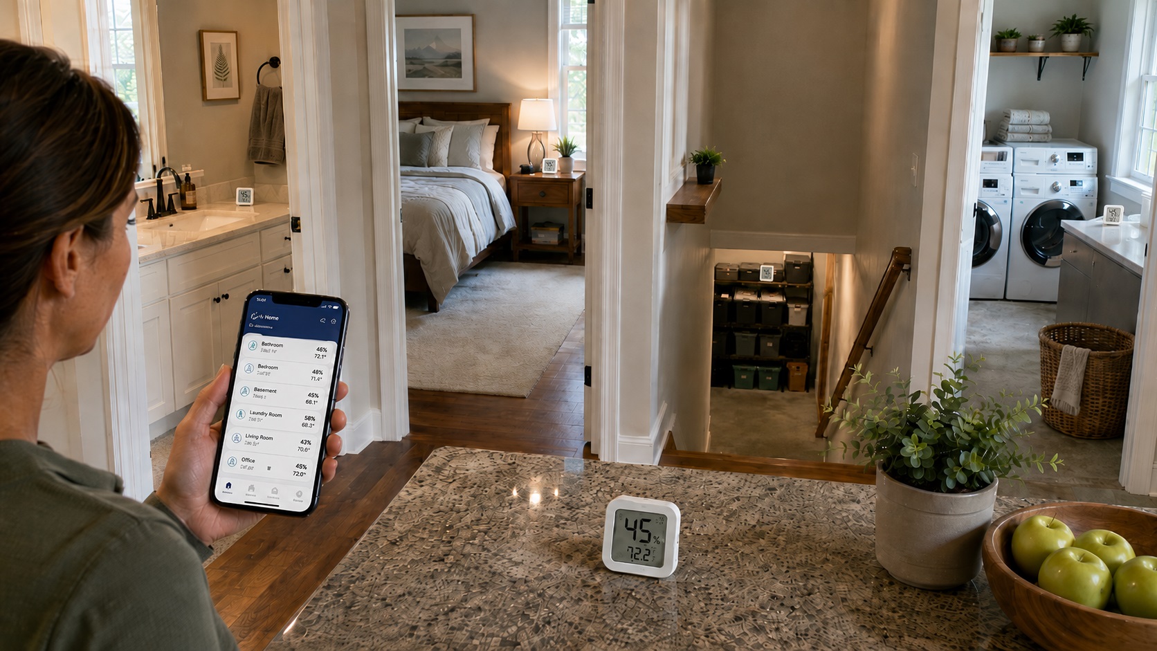 Homeowner checking a smartphone humidity app with hygrometer sensors placed in multiple rooms, including a bathroom, bedroom, basement stairs, and laundry room.