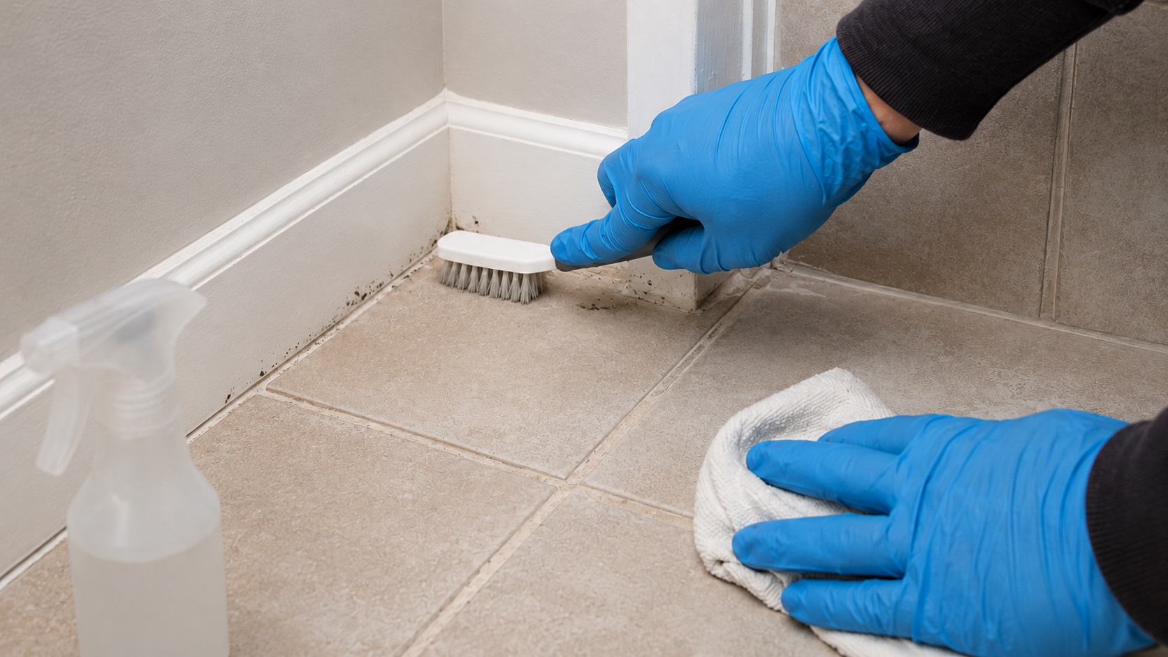 Blue protective gloves scrubbing a small mold-speckled area along a bathroom baseboard with a brush, cloth, and spray bottle nearby.