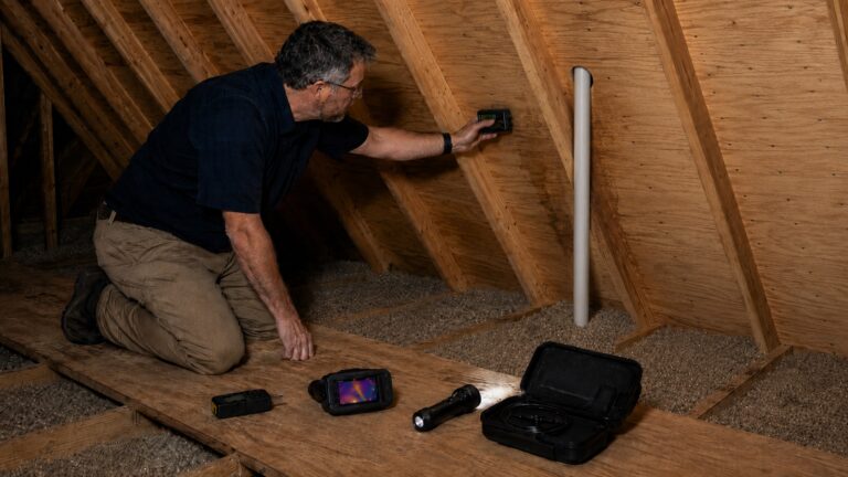 Home inspector using a pinless moisture meter on stained roof sheathing near a plumbing vent, with a thermal camera, pin meter, flashlight, and borescope on the attic walkway.