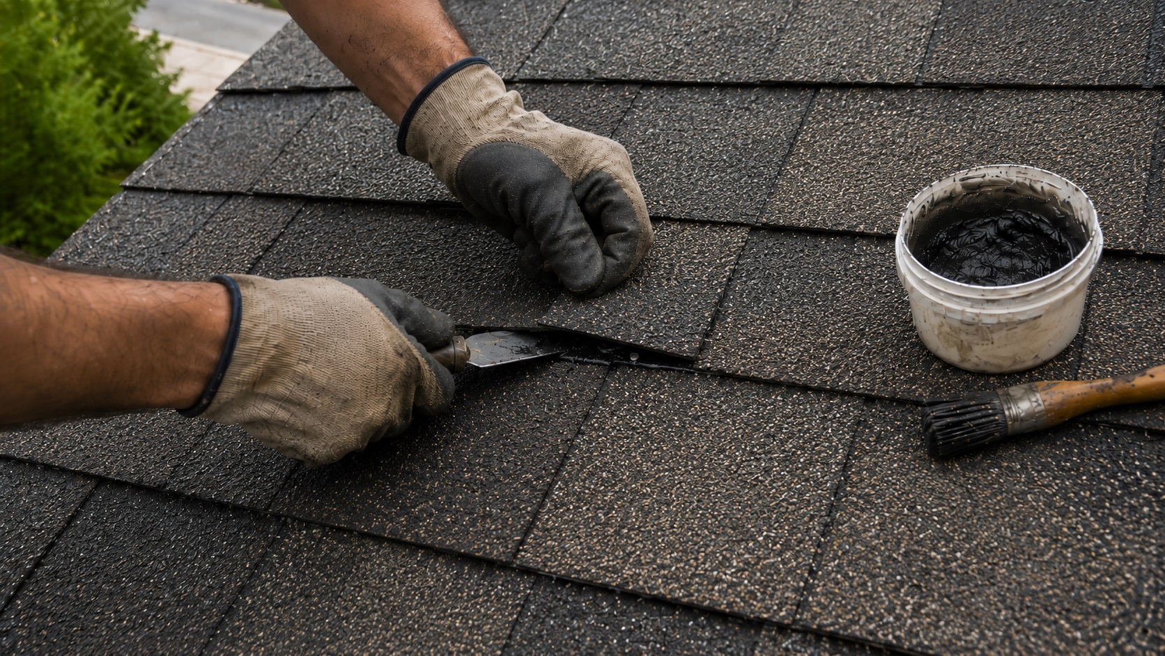 Roofer wearing dirty rubber-coated gloves applies black roofing cement beneath a lifted architectural shingle tab using a putty knife.