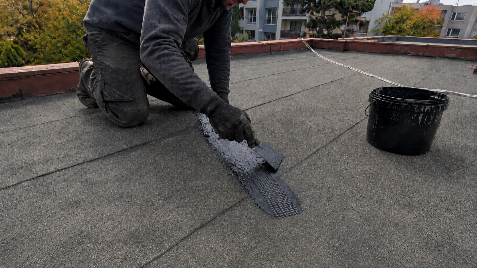 Roofer applying black roofing tar over reinforcing mesh along a fine crack in an older mineral-surfaced roll roof.