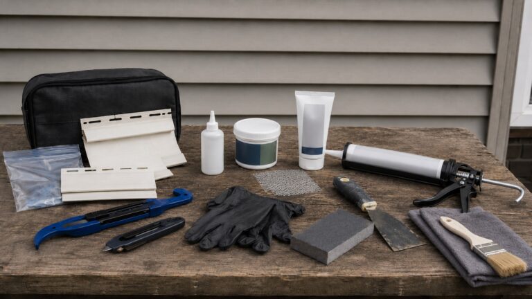Vinyl siding repair tools, patching compounds, mesh, sanding supplies, and a caulk gun arranged on an outdoor workbench.