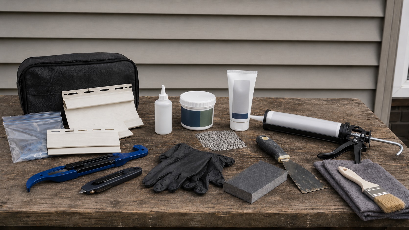 Vinyl siding repair tools, patching compounds, mesh, sanding supplies, and a caulk gun arranged on an outdoor workbench.