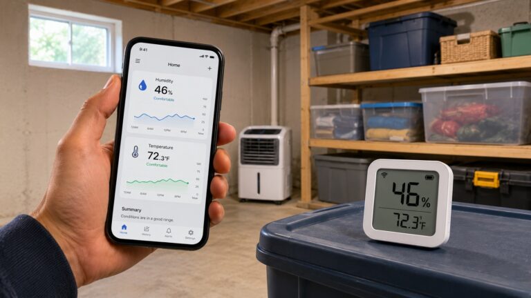 Smart hygrometer on a storage bin with a homeowner checking humidity readings on a smartphone app in a basement storage room