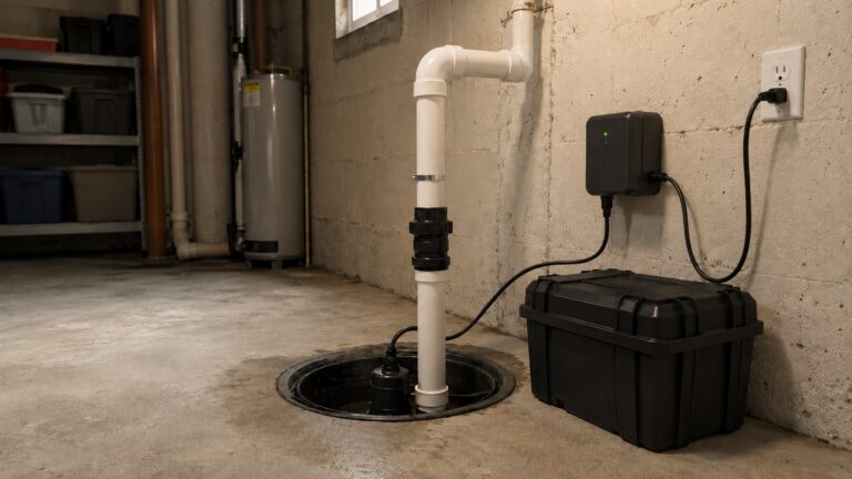 Basement sump pump with battery backup system, PVC discharge pipe, wall-mounted controller, and closed battery box near a slightly damp concrete floor.