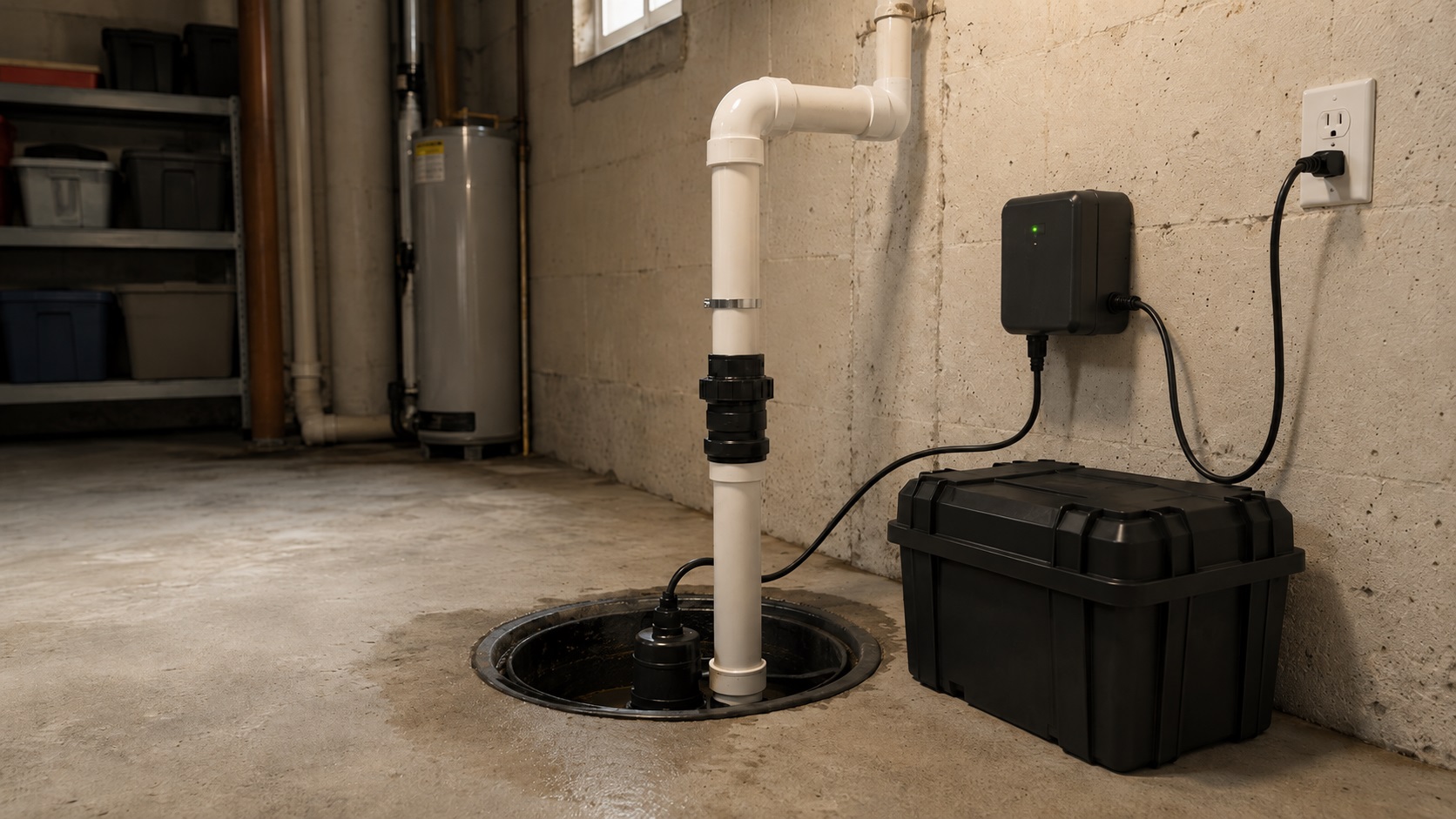 Basement sump pump with battery backup system, PVC discharge pipe, wall-mounted controller, and closed battery box near a slightly damp concrete floor.