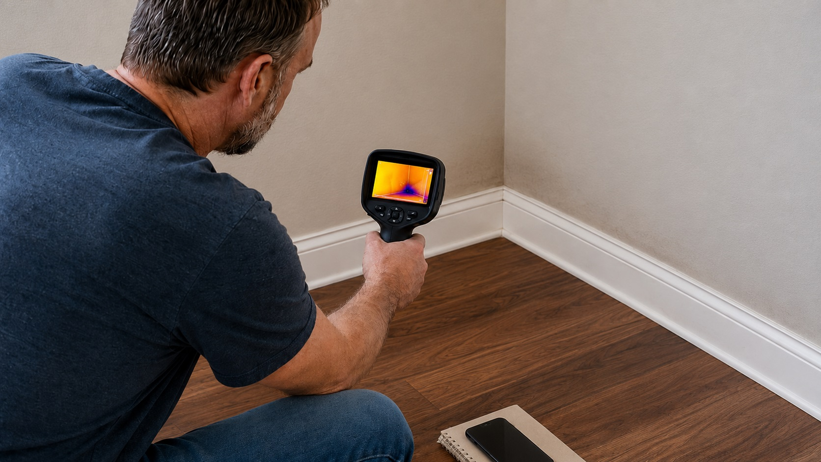 Homeowner using a thermal imaging camera to inspect a lower wall near a baseboard for possible hidden moisture.