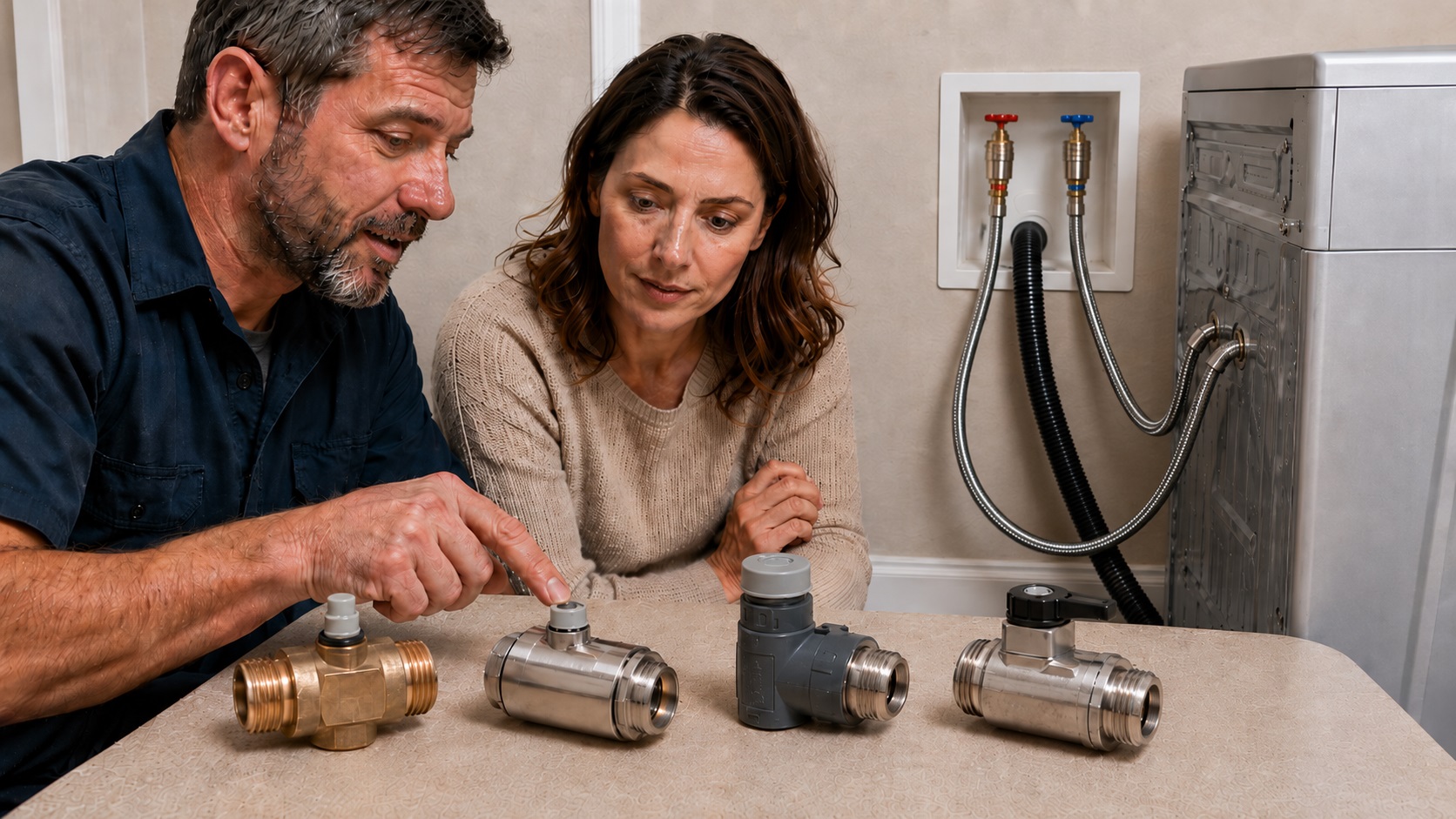 Man and woman comparing four washing machine hose burst protection devices beside a washer with connected supply hoses.