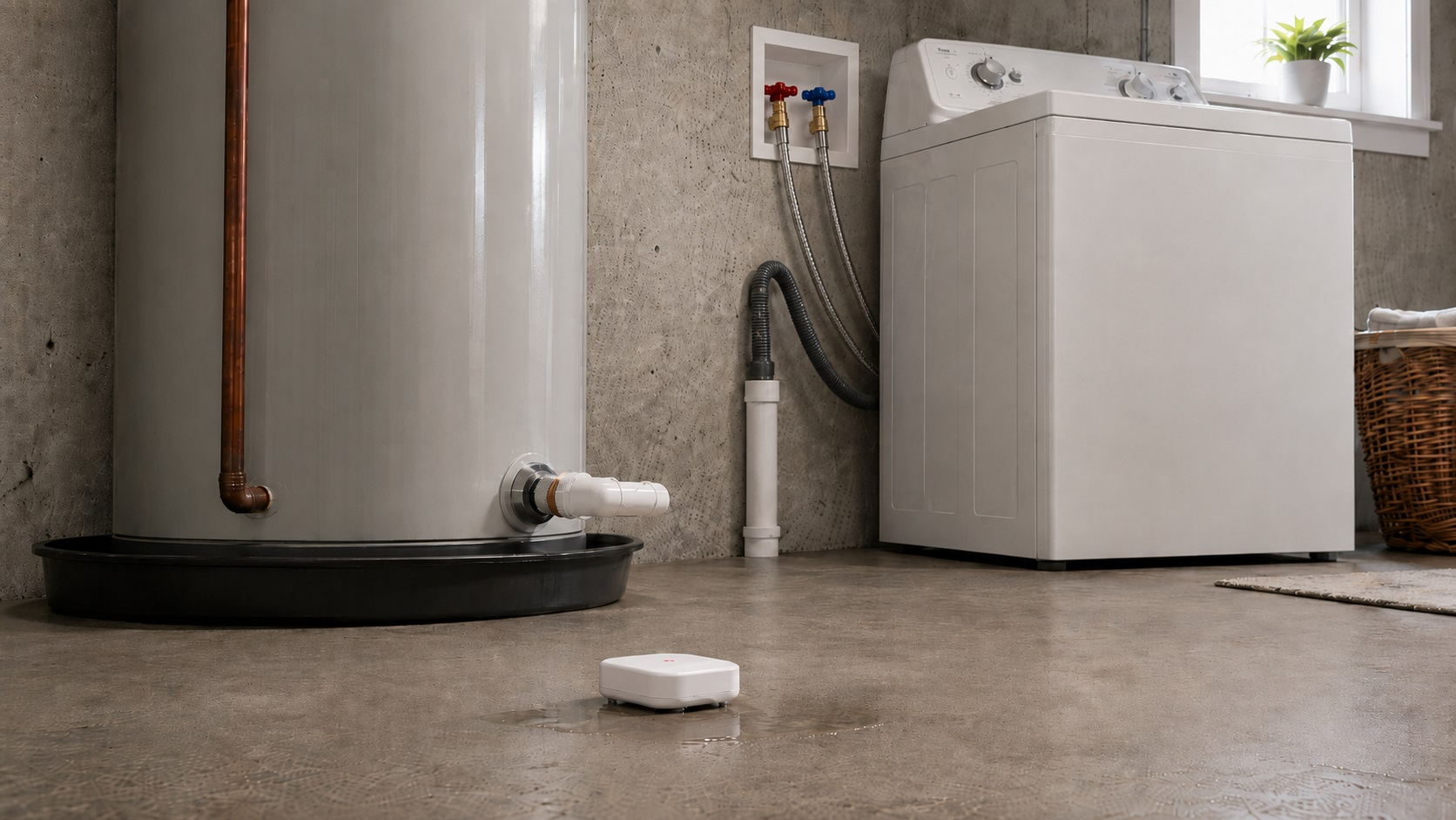 Water leak sensor on a basement utility room floor near a water heater and washing machine with a small damp patch reaching the detector.