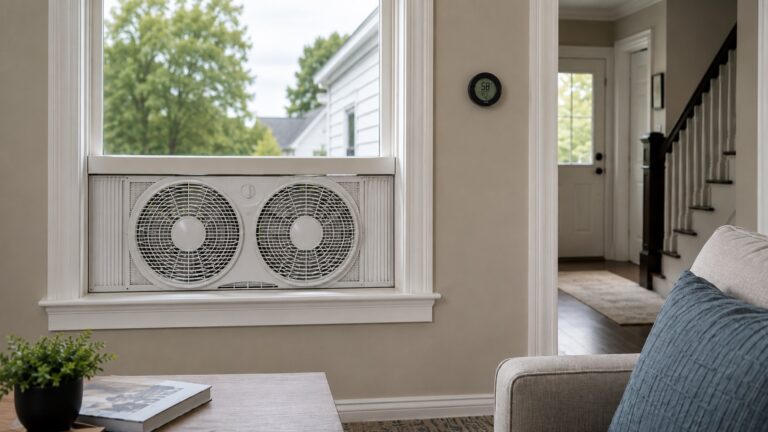 Window fan installed in a home interior with a humidity monitor, showing whole-house ventilation for moisture and stale air control.