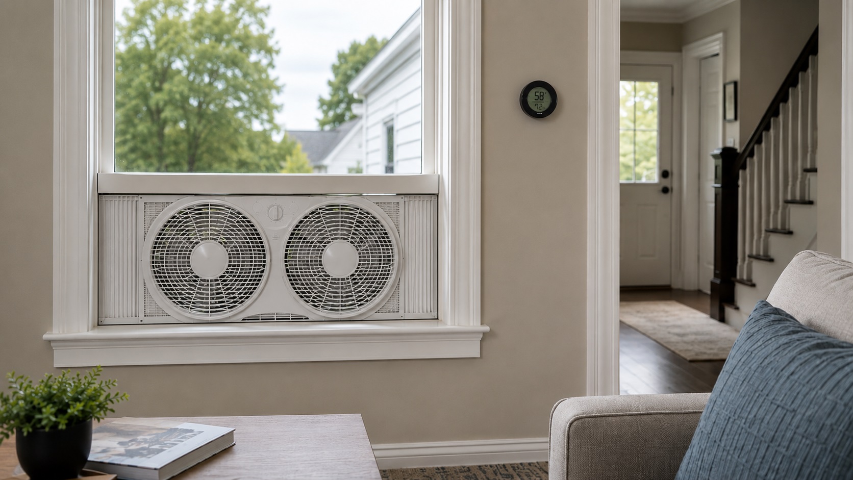 Window fan installed in a home interior with a humidity monitor, showing whole-house ventilation for moisture and stale air control.