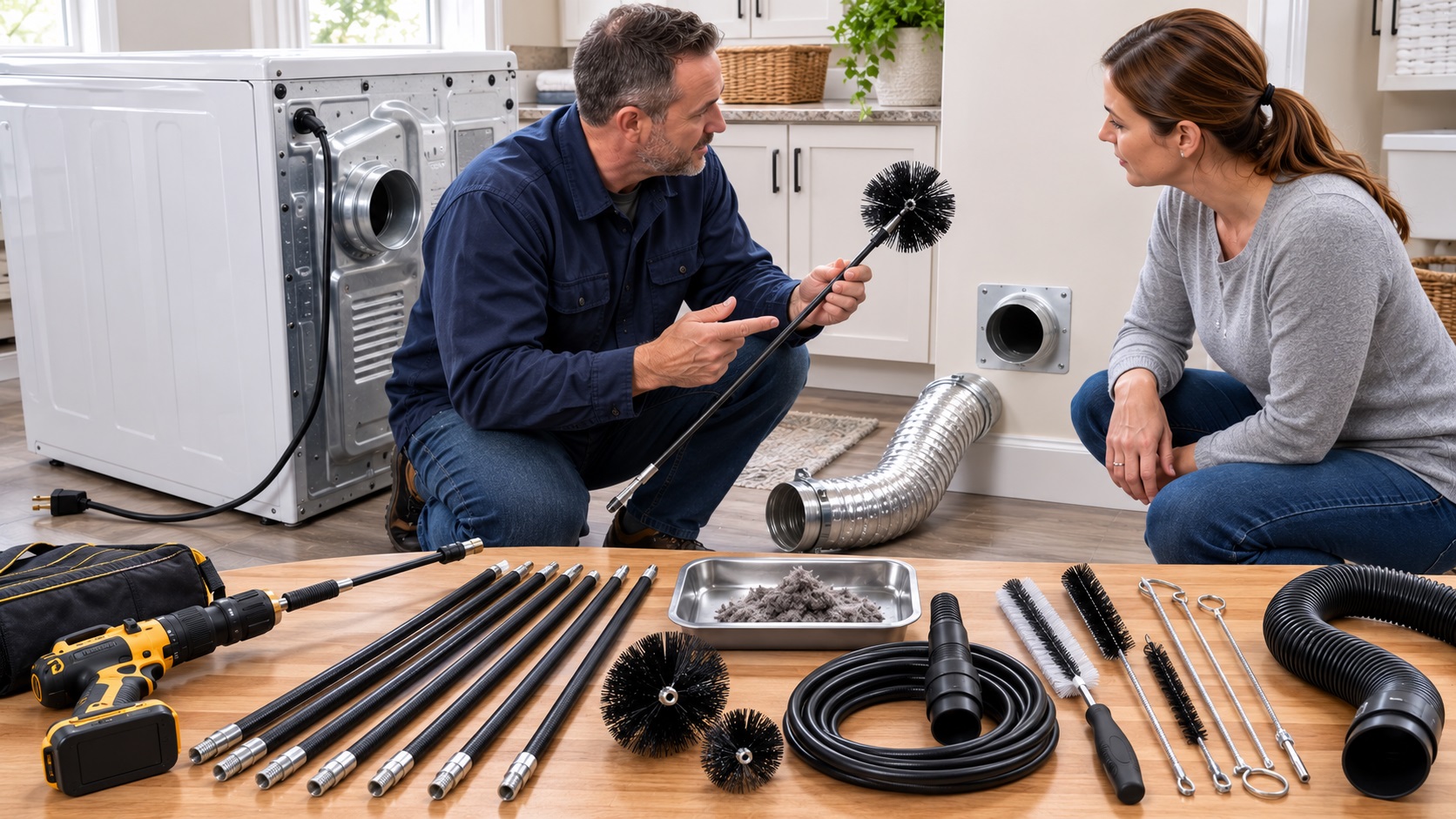 Technician and homeowner comparing dryer vent cleaning rods, brushes, drill attachments, vacuum adapters, and lint-removal tools beside an unplugged dryer.